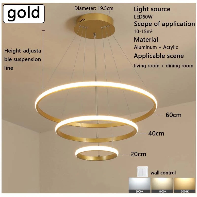 lustre moderne minimaliste suspension câbles noir or blanc concentrique led chambre salon