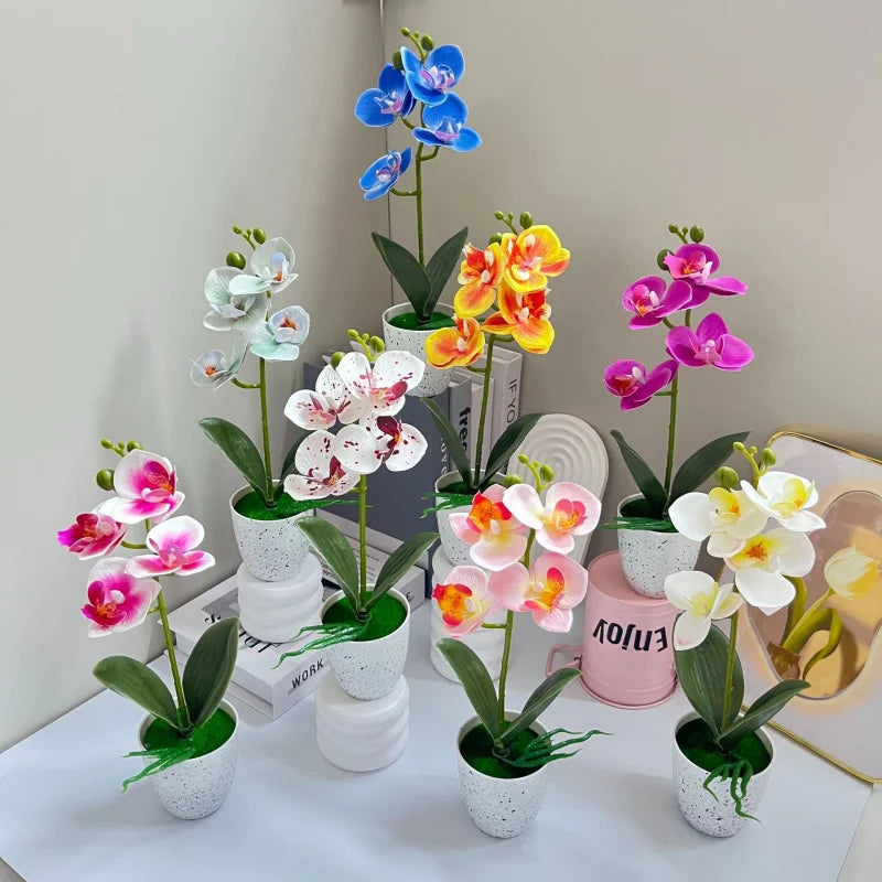 Orchidées artificielles blanches roses jaunes bleues décoration maison pots fleurs simples feuilles vertes modernes