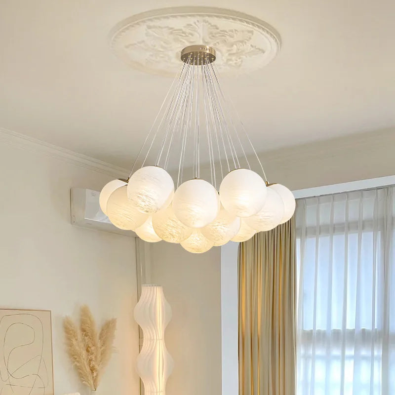 suspension lumineuse moderne blanc texture tissée boules verre fixation flux lumineux 2000 82000