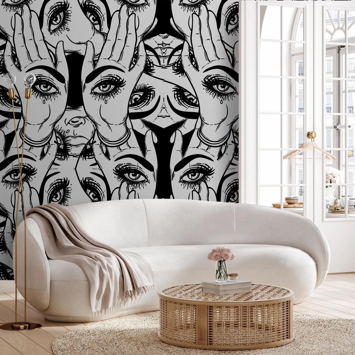 papier peint autocollant noir blanc visages mains moderne résistant humidité environnement salon chambre enfants