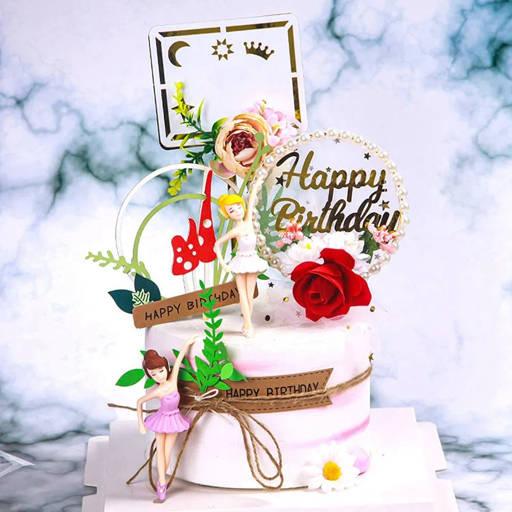 figurines ballerines enfantines rose violet lisses tutu frangé cartoon decoration anniversaire fleurs anneau plaque
