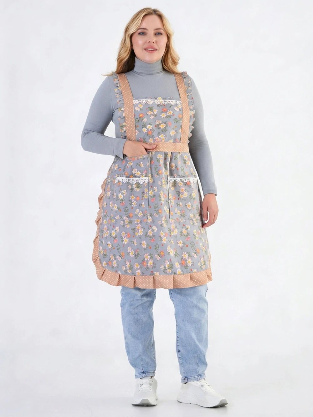 tablier cuisine toile fleurs petite pois gris rose vintage ajustable femmes