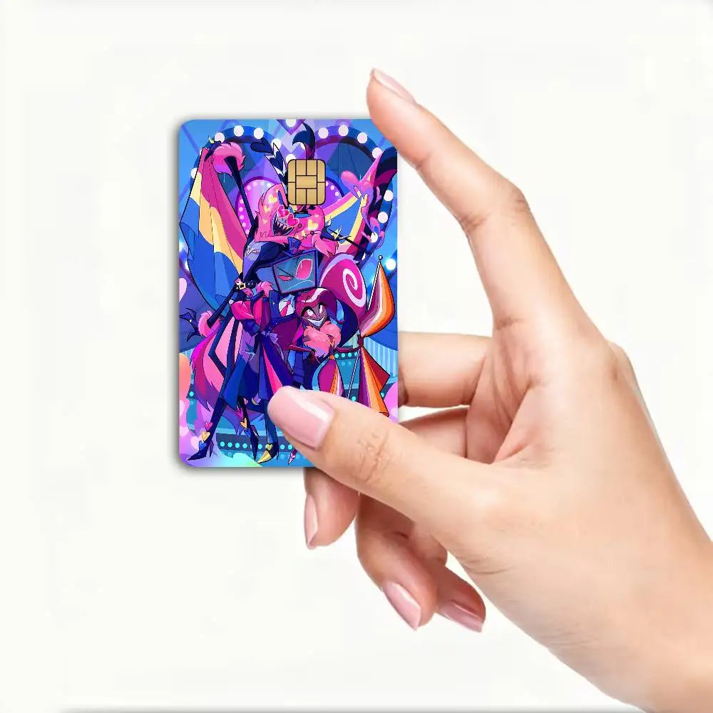 autocollant carte bancaire hazbin personnages dessin animé bleu violet rouge pop art