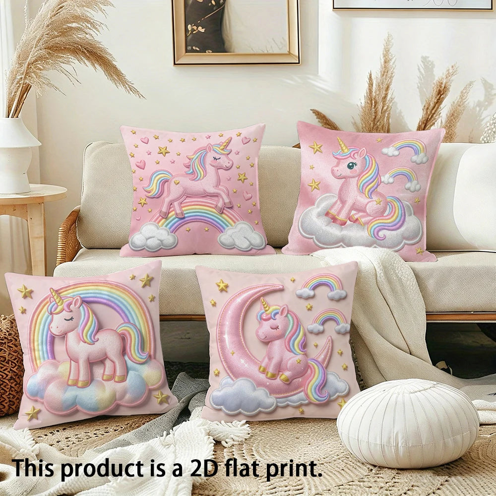 taies d'oreiller licorne rose arc ciel nuages étoiles dorées imprimé 2d polyester 40x40cm 45x45cm