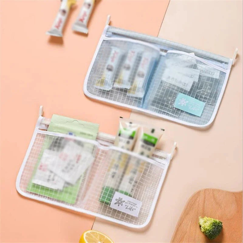 organisateur porte réfrigérateur sac transparent maille polyester réutilisable moderne crochet étiquette rangement cuisine