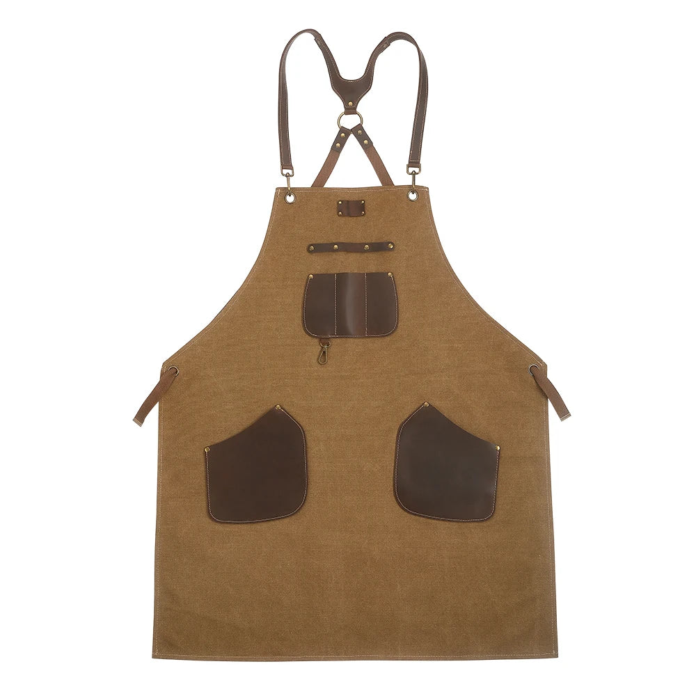 tablier cuisine cuir toile marron clair poche cuir boucle métal écrous métal durable classique