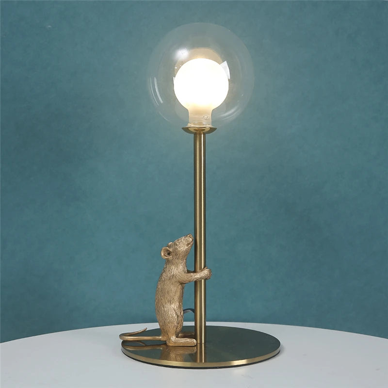 lampe table or blanc souris sculptée animalier moderne globe transparent led