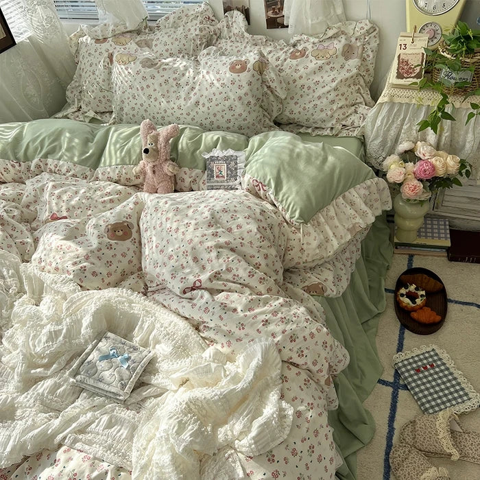 parure lit complète fleurs vintage princesse housse couette drap taies oreillers