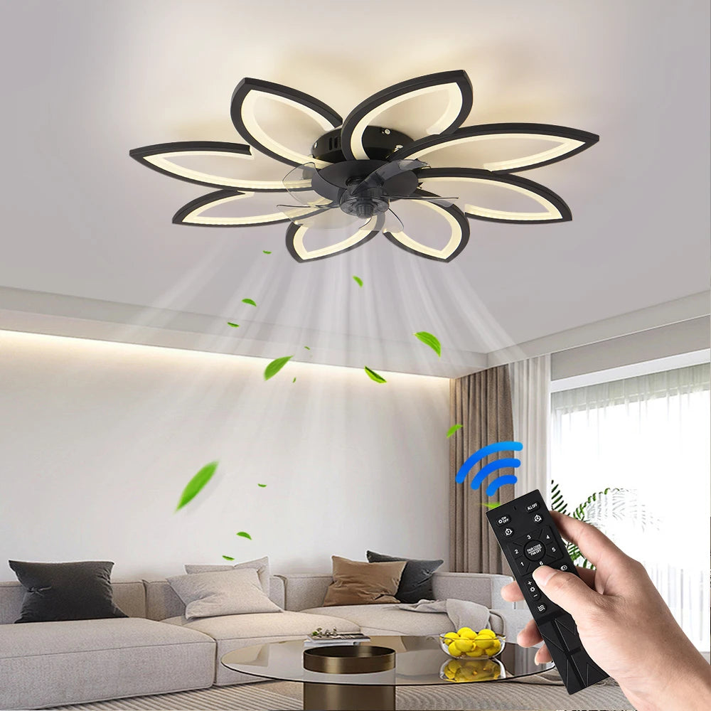 ventilateur moderne led télécommande noir blanc feuilles stylisées fixations invisibles chambre restaurant