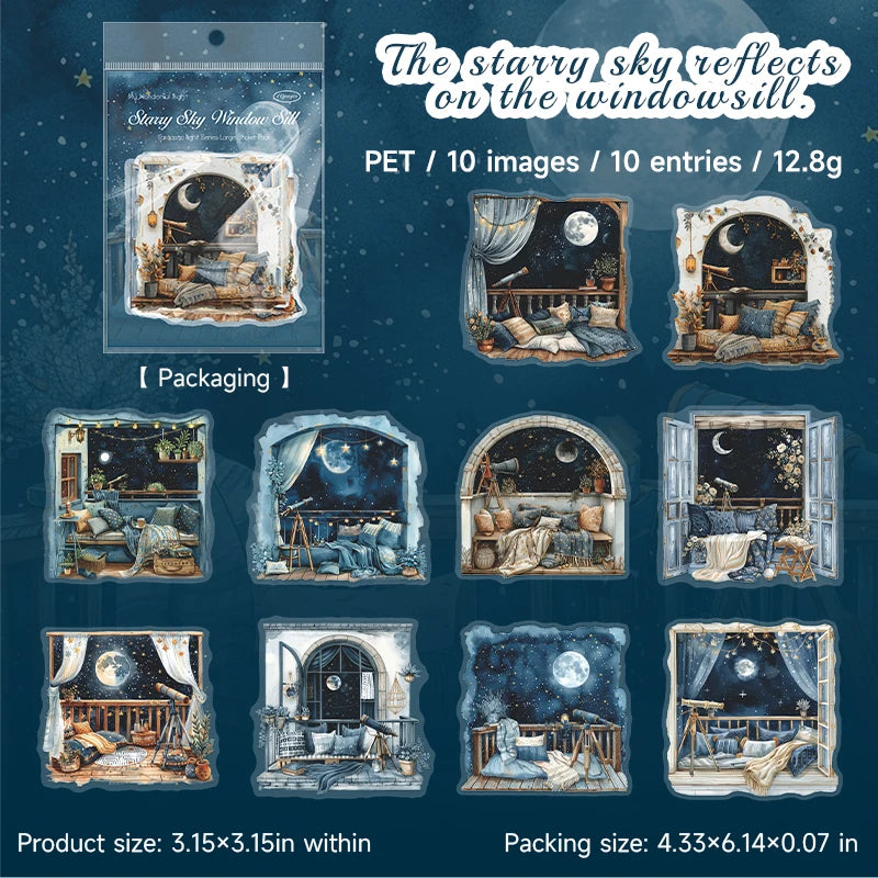 Stickers illustratifs paysages nocturnes personnages végétation étoiles lunes adhésifs scrapbooking