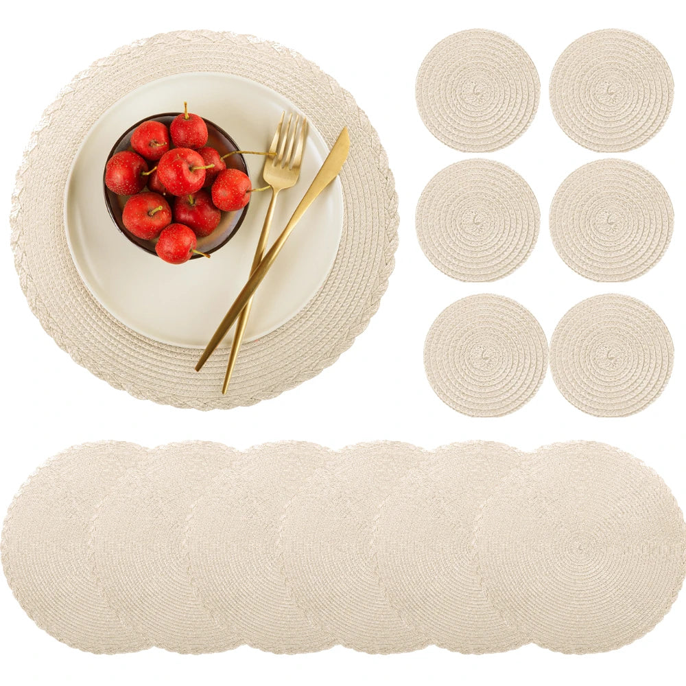 tapis table tissés motifs circulaires beige clair résistants chaleur facile nettoyer classique 34cm pièces