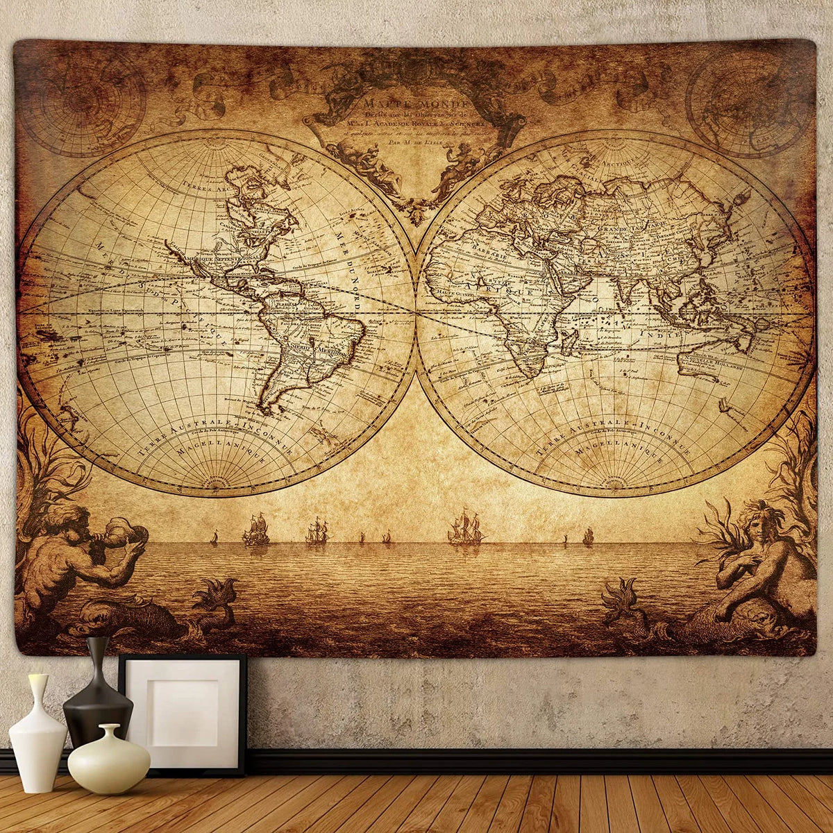 tapisserie vintage carte monde détails historiques beige marron noir rectangle