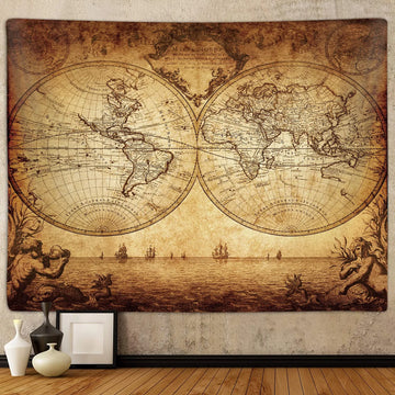 tapisserie vintage carte monde détails historiques beige marron noir rectangle