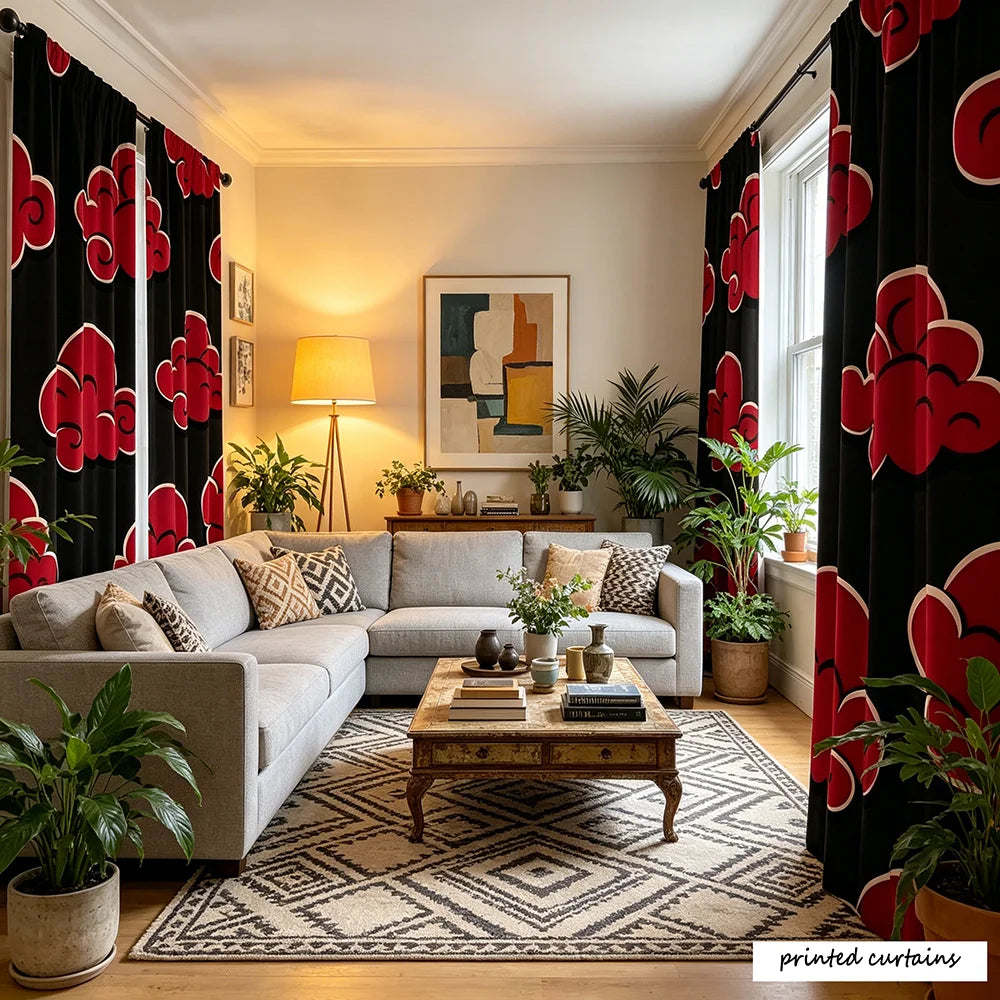 rideau imprimé moderne nuages stylisés noir rouge opacité maison polyester