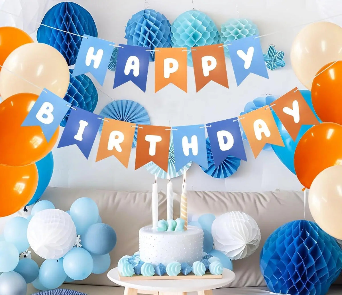 guirlande fanions anniversaire bleu orange lettres blanches décorative festives enfant adulte festivités