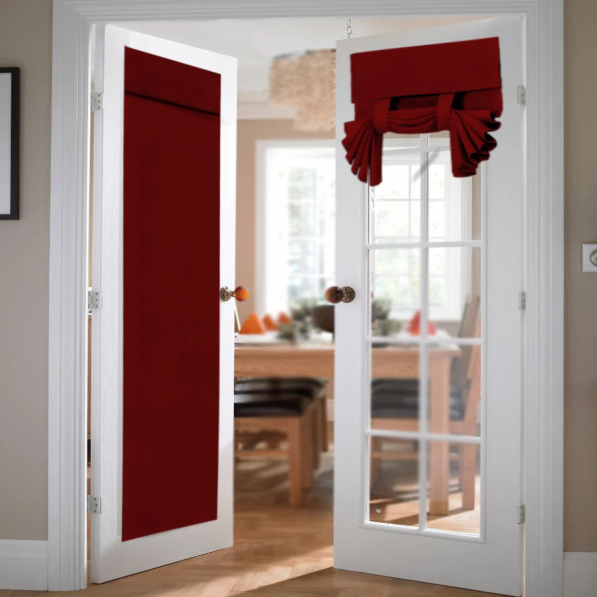 rideau porte double vitrage tissu polyester opaque decoratif bandeau fronce couleur gris foncé rouge