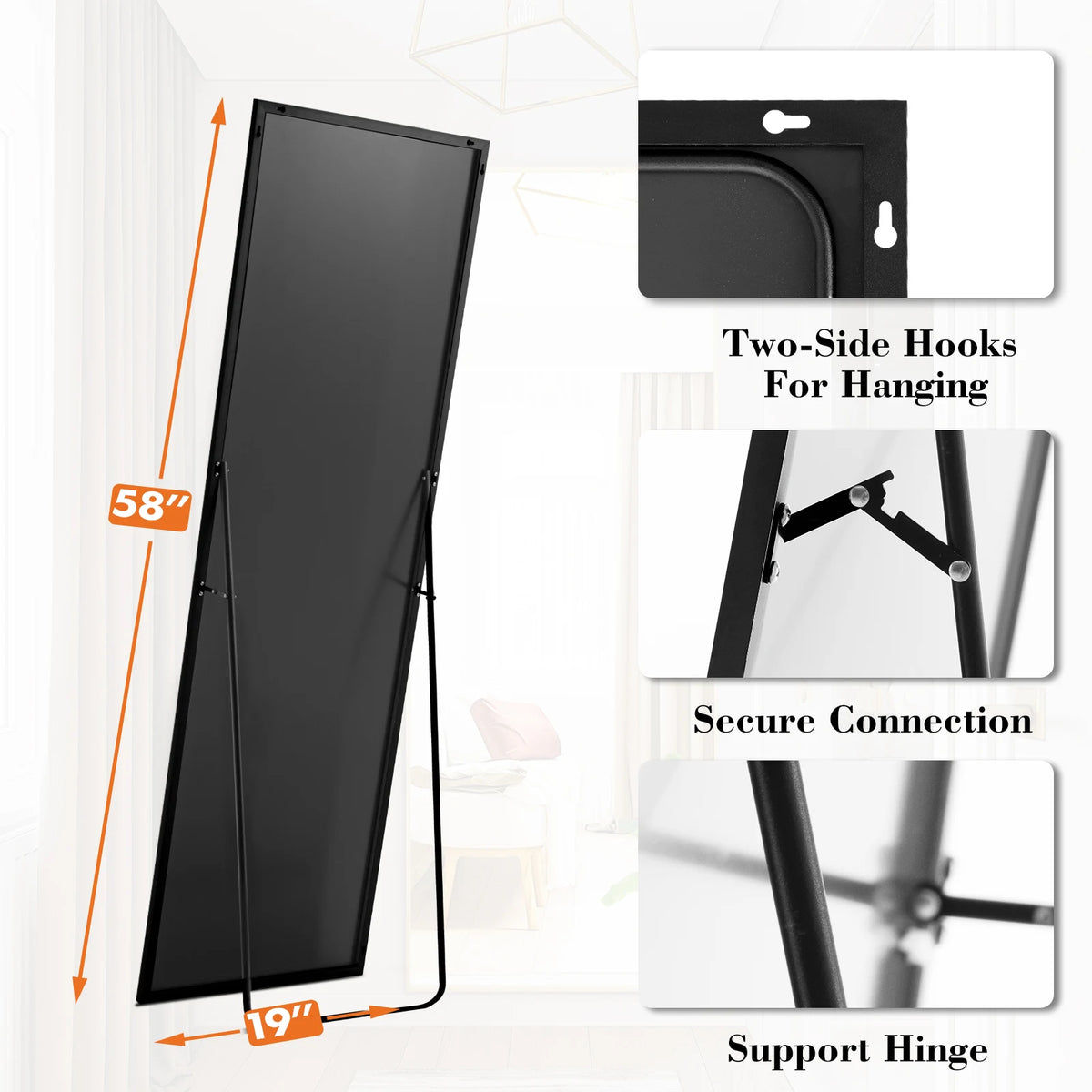 miroir mural moderne noir tringle support charnière 58x19 chambre bain sophistiqué minimaliste