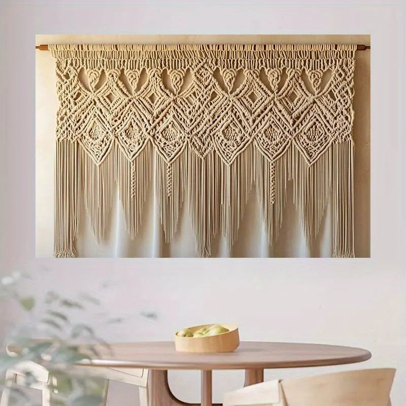 rideau macramé boho chic motifs géométriques franges beige clair occasion fête anniversaire mariage