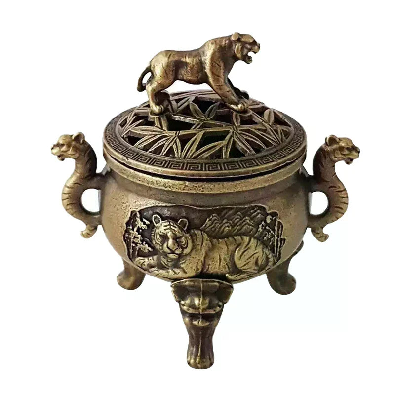 brûleur encens censer métal bronze argent motif tigre lion floral décoration intérieure artisanal