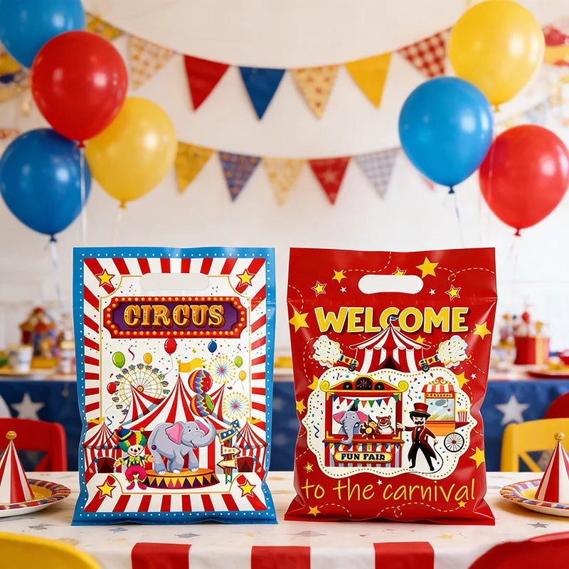 sacs fête thème cirque animaux ballons étoiles dorées poignée détachable multicolore anniversaire baby shower