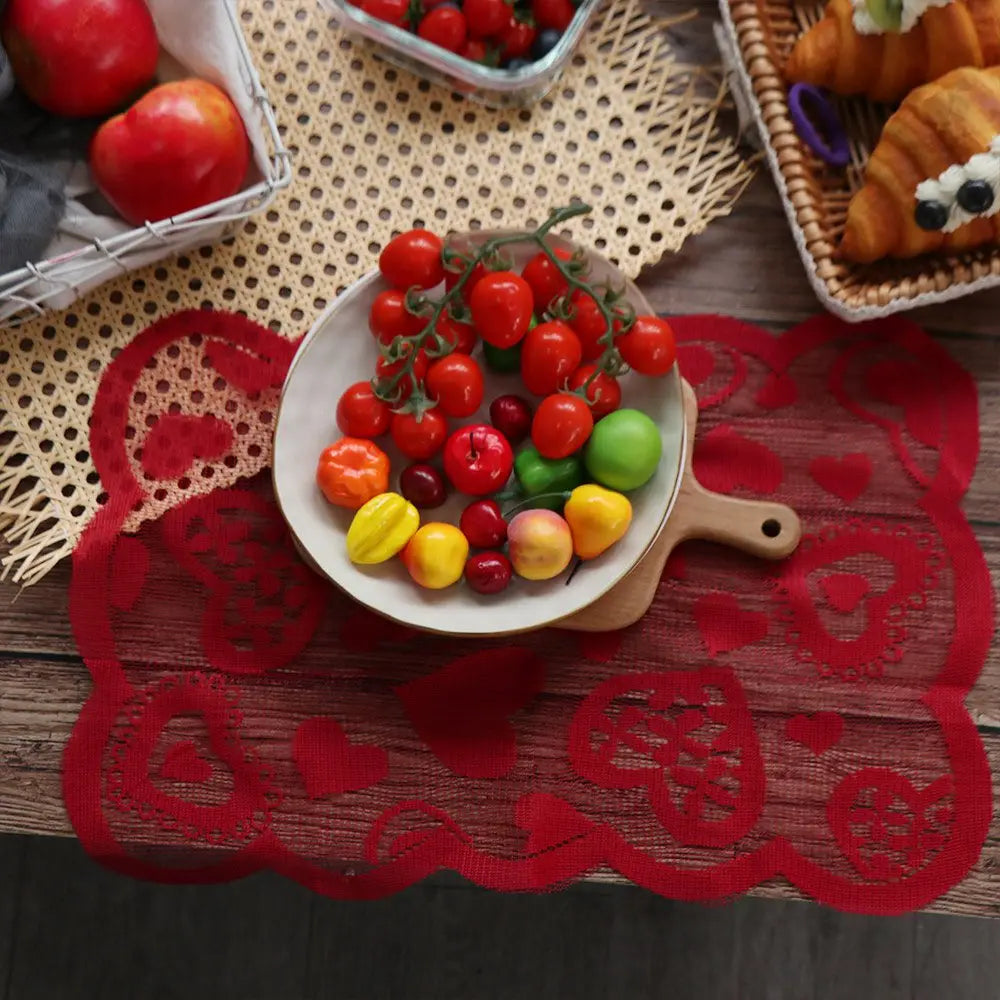chinois plat rouge dentelle coeurs table rectangulaire decoratif romantique echangement table runner deux pieces
