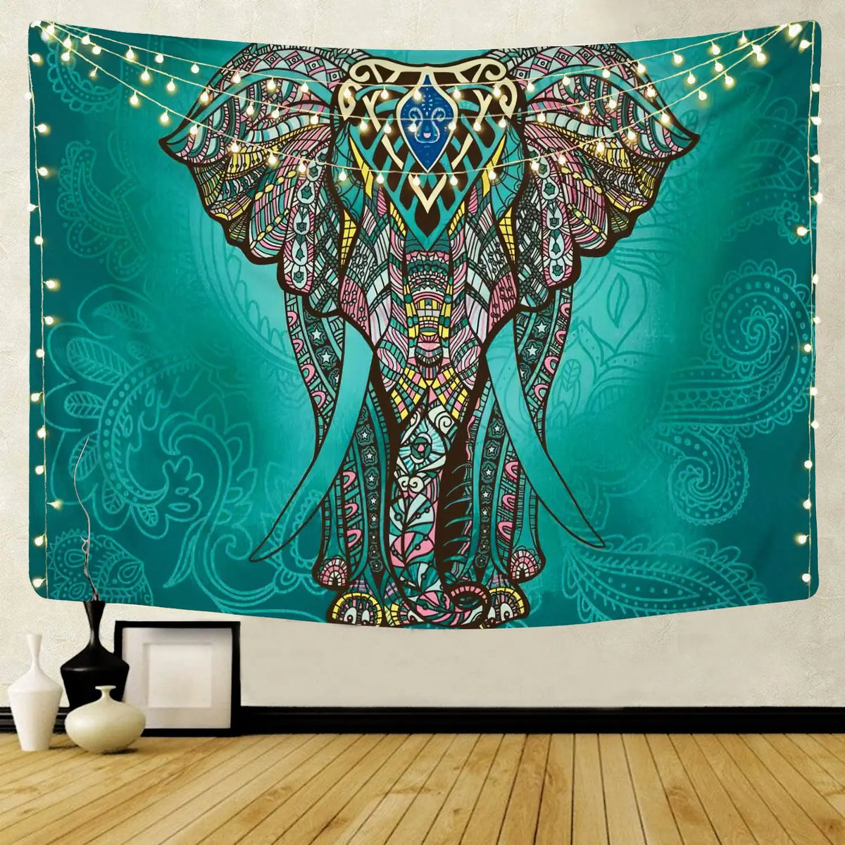 tapisserie murale mandala bohème bleu orange noir éléphant géométrique polyester rectangle