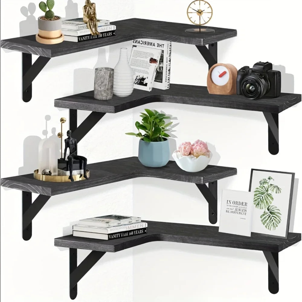 étagère d'angle bois texturé noir supports métalliques fixation mur moderne rustic decoration
