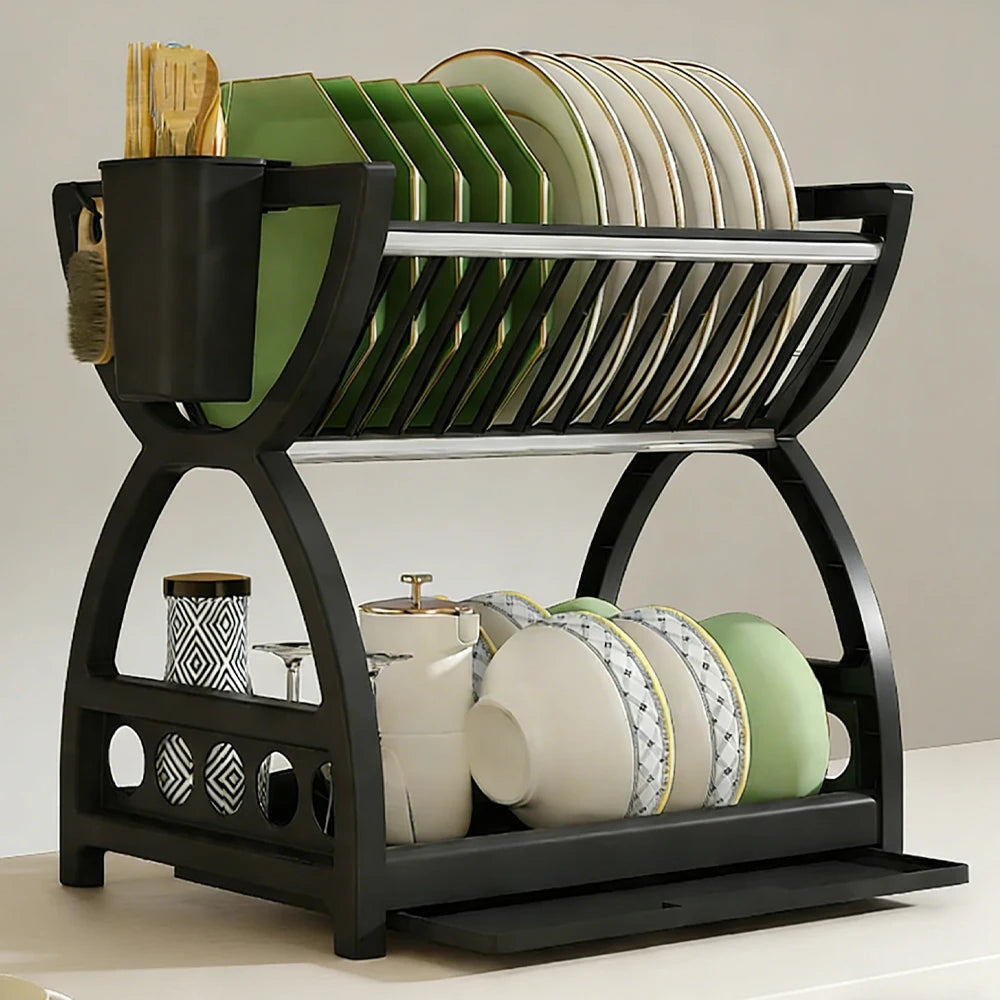 étagère vaisselle moderne noir sans motif assiettes tasses bols cuillères brosse pot cuillères rangement