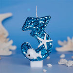 bougies forme chiffre bleu paillette motif marin dauphin étoile mer anniversaire cire paraffine