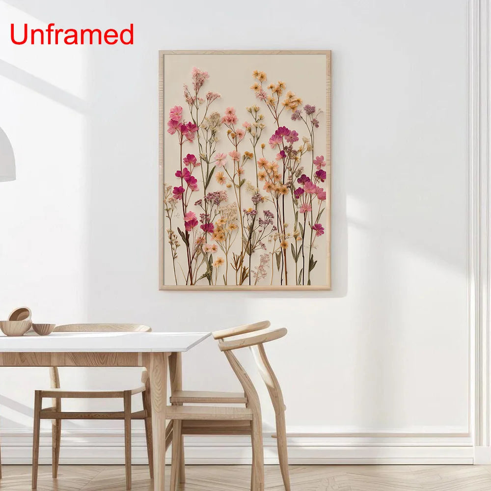 tableau moderne fleurs séchées rose blanc beige opaque minimaliste decoration mur arrangement naturelle