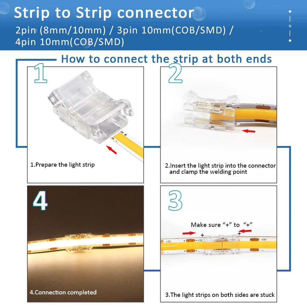 connecteurs led transparents 2pin 3pin clips câbles rgb cct cob 5v 12v 30v ul