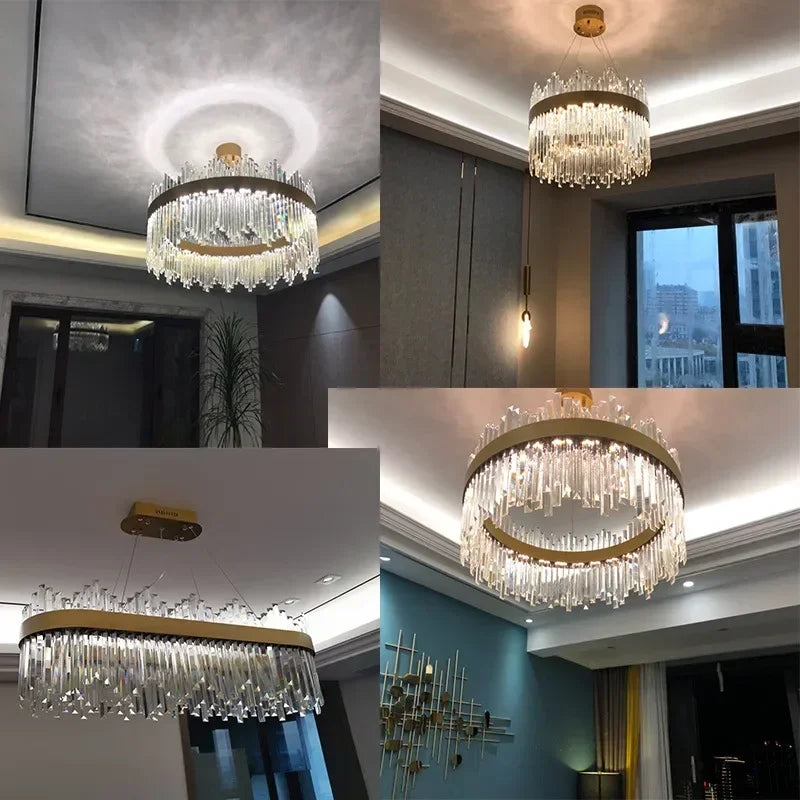 suspension lumineuse moderne dorée cristal chrome poli led télécommande transparente chambre salon