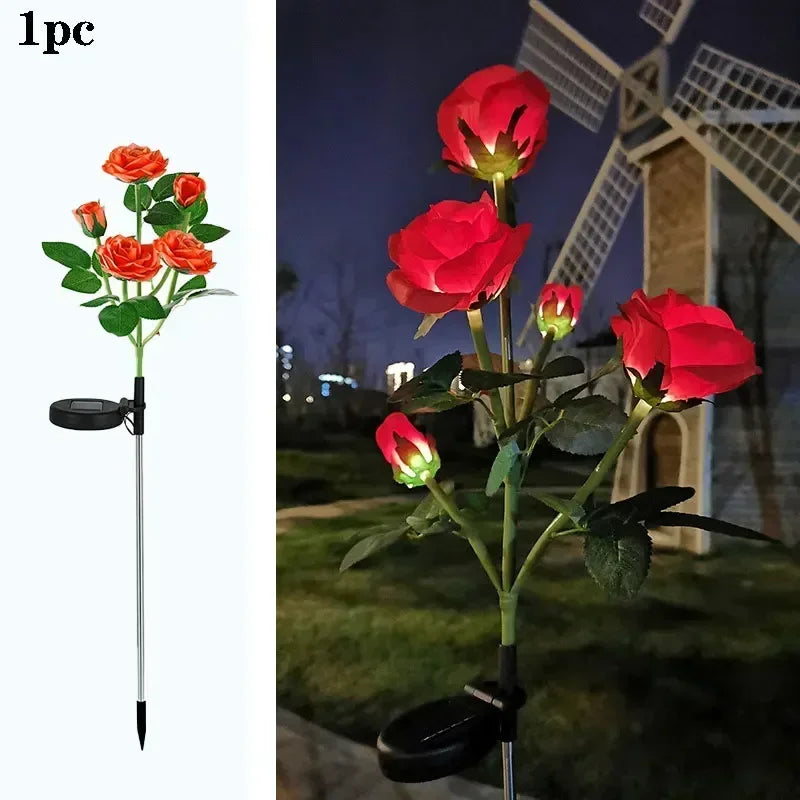 décoration extérieure moderne bouquet lumineux roses artificielles rouge rose jaune bleu blanc patio jardin