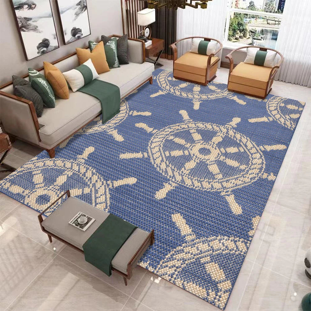 tapis moderne bleu marine fleur volant bateau salon chambre 160cm 120cm polypropylène polyesterextérieur