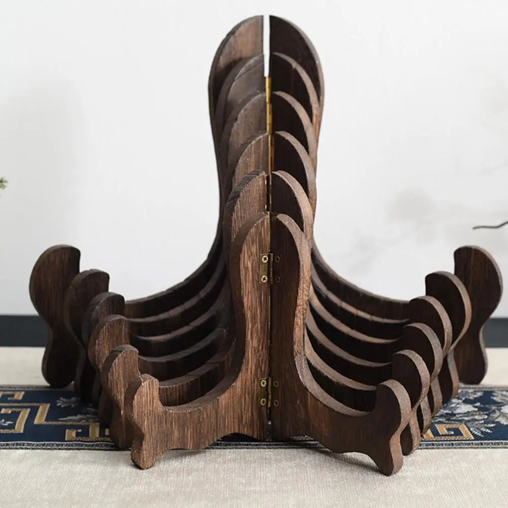 support rangement bois moderne assiettes pliantes clips métalliques minimaliste motifs fleurs oiseaux
