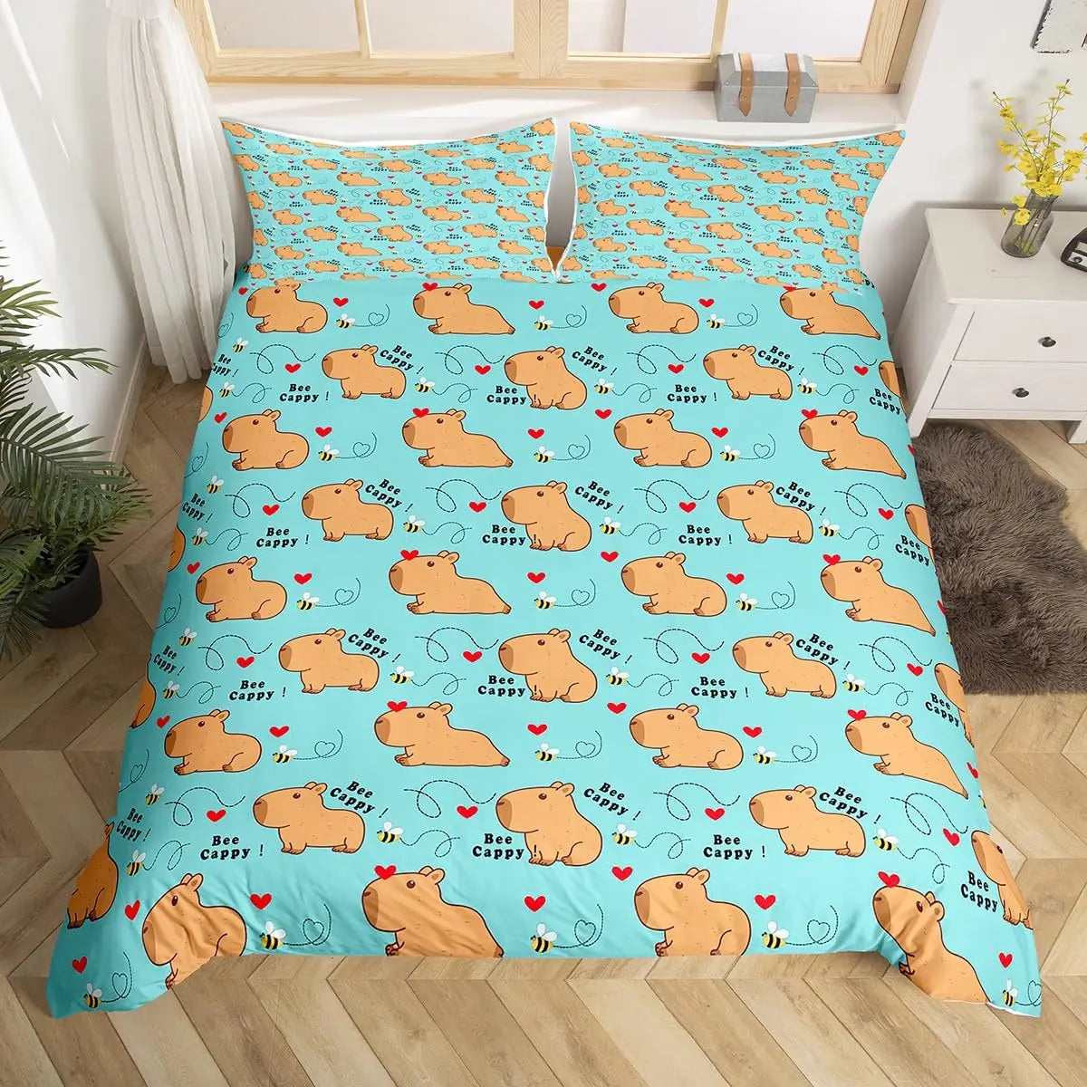 Housse de couette capybara kawaii avec imprimé abeille miel sur lit d'enfant