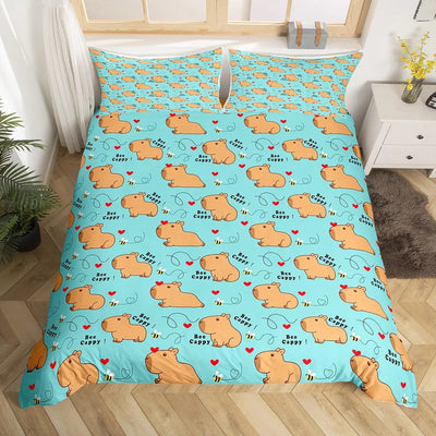 Housse de couette capybara kawaii avec imprimé abeille miel sur lit d'enfant