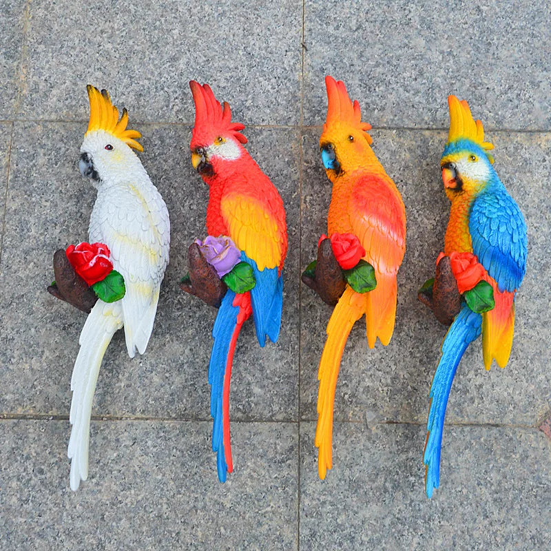 statue murale perroquets résine rouge jaune bleu détaillée adhésif coquille fleurextérieur maison jardin