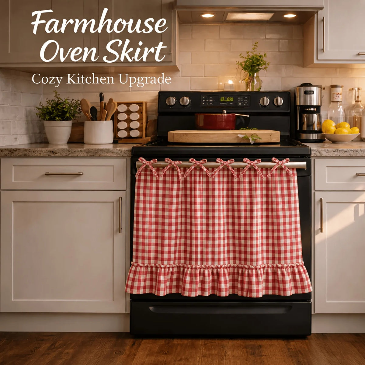 jupette oven vichy rouge blanc fermière rubans nouer écran intimité placard cache cuisinière