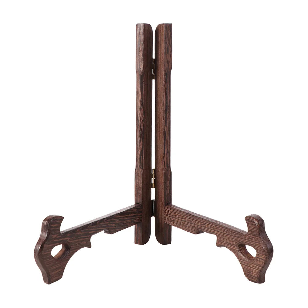 support assiettes bois marron texture naturelle classique visibles métalliques pliable utilisation multiple
