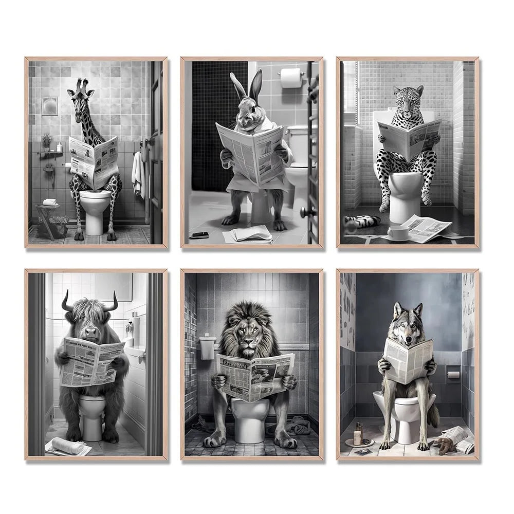 affiche toile salle bain humour animaux toilettes noir blanc cadre bois