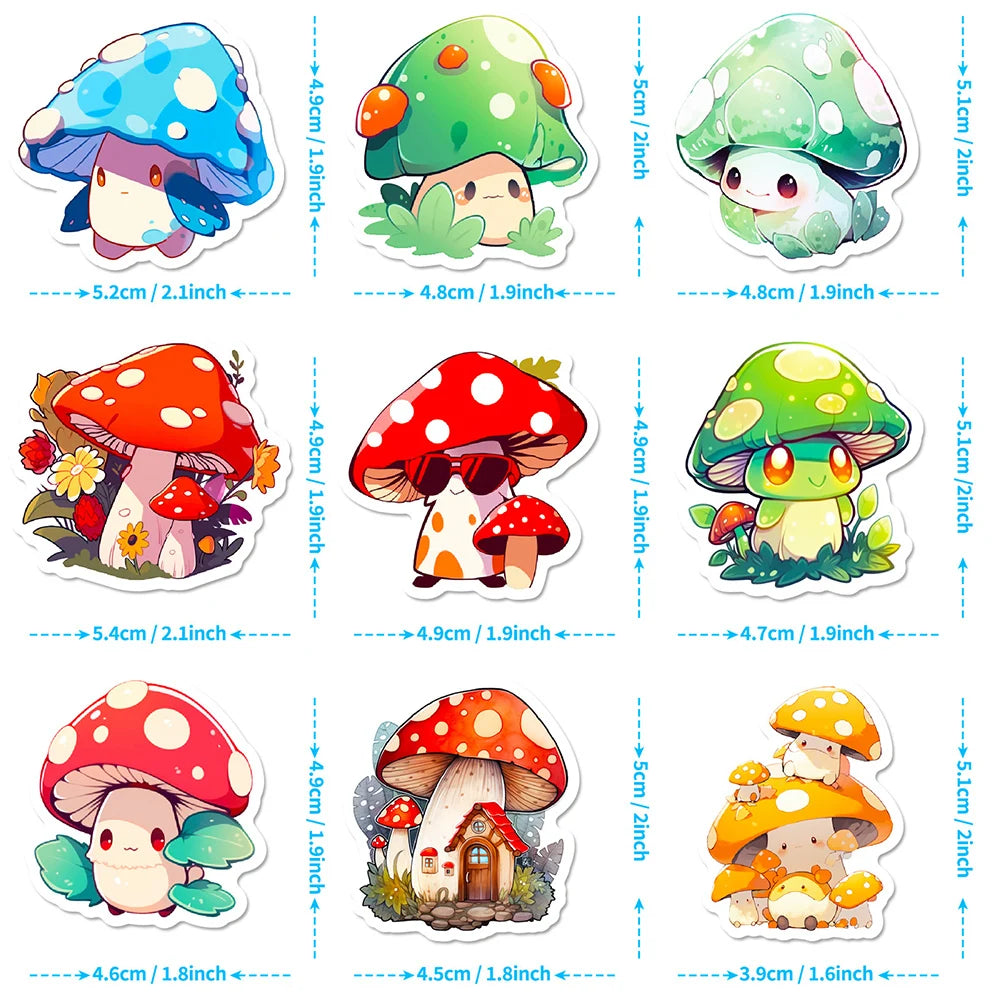 sticker kawaii champignon dessin animé vert bleu orange rouge blanc adhésif collection diy scrapbook