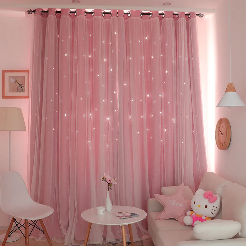 rideaux semi transparent étoiles découpées tissu plissé motif enfantin couleurs rose bleuclair