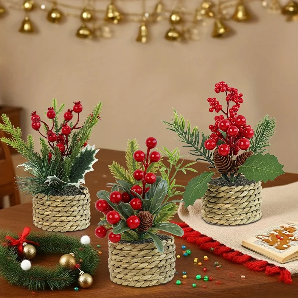 bouquet artificiel noël baies rouges cône pin feuilles vertes décoration intérieure