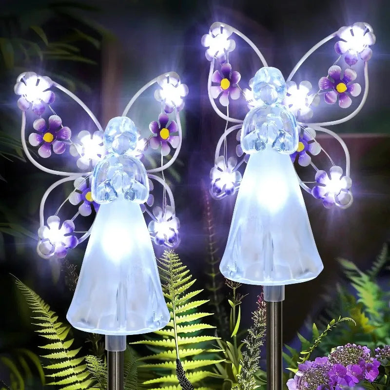 lampe solaire ange transparent fleurs violettes modernes ailes semi transparentes clips jardin élégant
