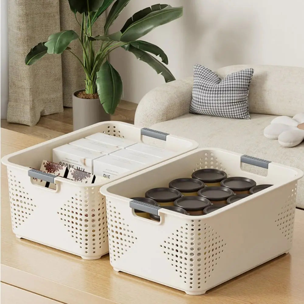 paniers rangement plastique perforé moderne poignées beige clair empilables cuisine