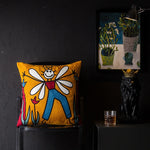 coussin abstrait brodé chats fleurs moderne linge coton bleu orange noir blanc vert marron