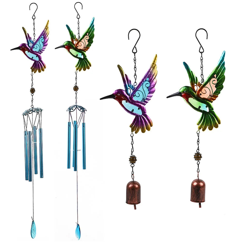 colibri métal violet bleu vert doré motifs plumes cloche métallique suspendu décoratif artisanal