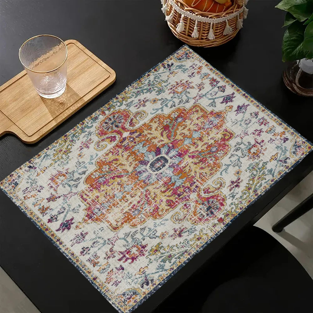 tapis table motif floral géométrique traditionnel beige orange bleu rouge vert blanc
