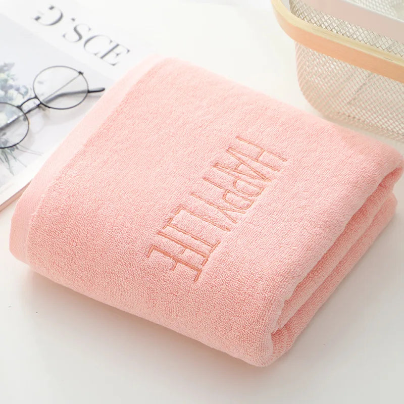 serviettes bain coton motif happy life séchage rapide moderne rose clair gris blanc